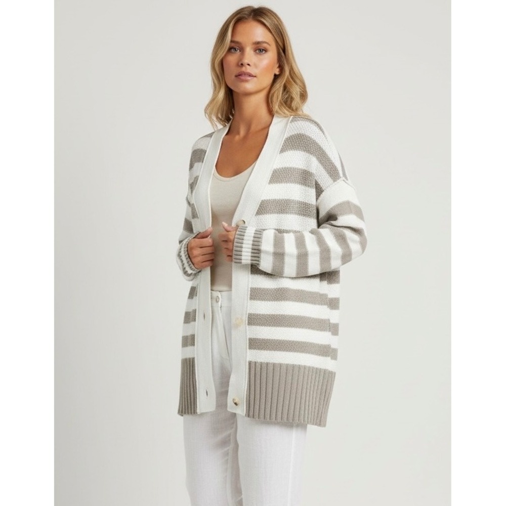 NEW Pretty‎ Garden Striped Medium Button Front Cardigan Sweater White Grey Core